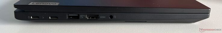 Left: USB-C 3.2 Gen 1 (5 Gbps, DisplayPort ALT Mode 1.4, Power Delivery), USB-C 3.2 Gen 2 (10 Gbps, DisplayPort ALT Mode 1.4, Power Delivery), USB-A 3.2 Gen.1 (5 Gbps, powered), HDMI 1.4b, 3.5 mm audio