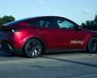 The Tesla Model Y robotaxi in Ultra Red color. (Image source: @AdanGuajardo/X)
