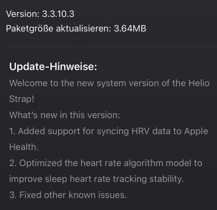 The release notes for version 3.3.10.3 for the Amazfit Helio Strap. (Image source: Reddit)