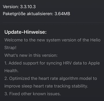 The release notes for version 3.3.10.3 for the Amazfit Helio Strap. (Image source: Reddit)