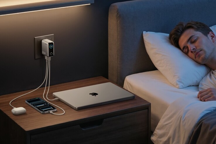 The Anker Charger (100W, 3 Ports, Smart Display) provides enough power to juice a MacBook, iPhone, and AirPods at once. (Image source: Anker)