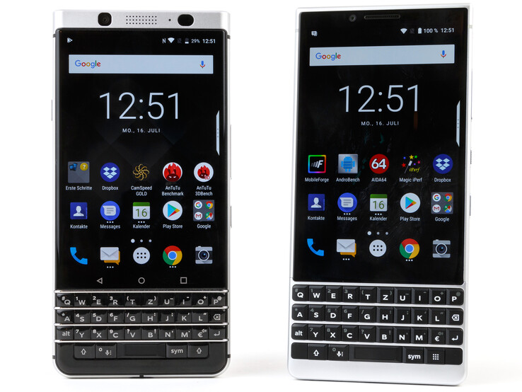 The BlackBerry KEY2 with its predecessor, the KEY1, on the left.