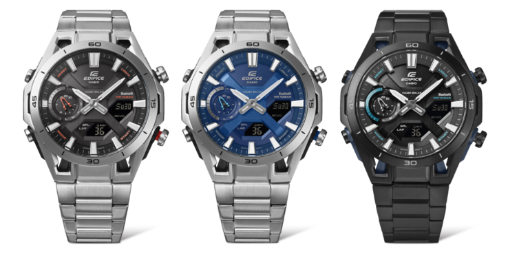 From left to right: the Casio Edifice ECB-2300YD-1A (ECB-2300D-1A), ECB-2300D-2A and ECB-2300YDC-1A (ECB-2300DC-1A) watches. (Image source: Casio)