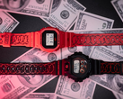 The Casio G-Shock DW-6900SFE25-1 and the red DW-5600SFE25-4 pictured against a background of $100 bills. (Image source: Casio Italy)