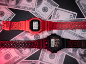 The Casio G-Shock DW-6900SFE25-1 and the red DW-5600SFE25-4 pictured against a background of $100 bills. (Image source: Casio Italy)