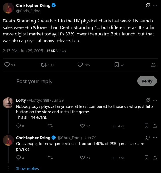 Christopher Dring X post on Death Stranding 2 sales (Image source: Christopher Dring X account)