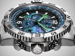 Pictured - a close up of the Citizen Promaster Sky AT8220-55W dial and case against a light gradient background. (Image source: Citizen HK)