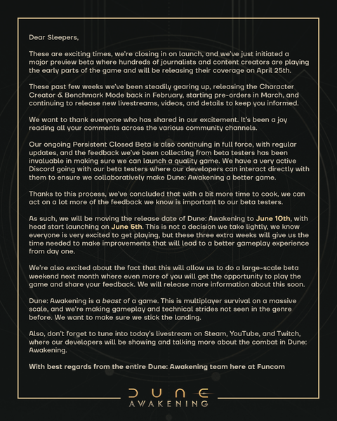 Dune: Awakening release date update on Discord (Image source: Official Dune: Awakening Discord server)