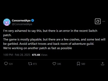 Stardew Valley Switch crashing X post (Image source: Screenshot, ConcernedApe X account)