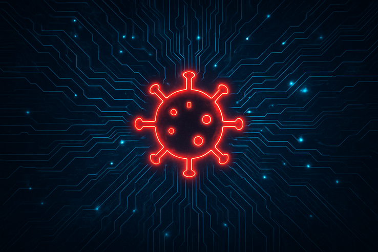 Abstract glowing virus spreading through digital circuitry (Image source: AI-generated concept art)