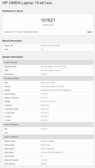 HP Omen 15 with Core i7-10870H and RTX 3070 Mobile on Geekbench. (Source: Geekbench)