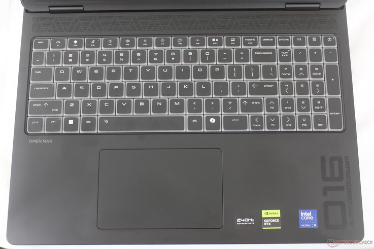 Clickpad is reliable but small (~12.5 x 8 cm) relative to the large form factor. Per-key RGB beveled keyboard with no mechanical options