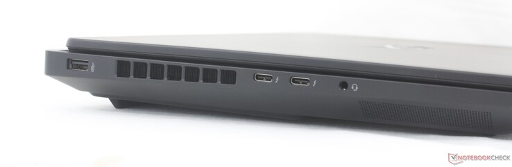 Left: USB-A (10 Gbps), 2x USB-C Thunderbolt 4 w/ DisplayPort 2.1 + Power Delivery 3.1 (40 Gbps), 3.5 mm headset