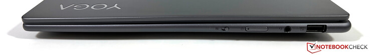 Right: Webcam eShutter, power button, 3.5 mm audio jack, USB-A 3.2 Gen.1 (5 Gbit/s, powered)