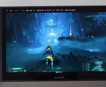Returnal running on AMD Ryzen AI 9 HX 370 handheld, showing in-game performance benchmark on screen. (Image source: The Phawx)