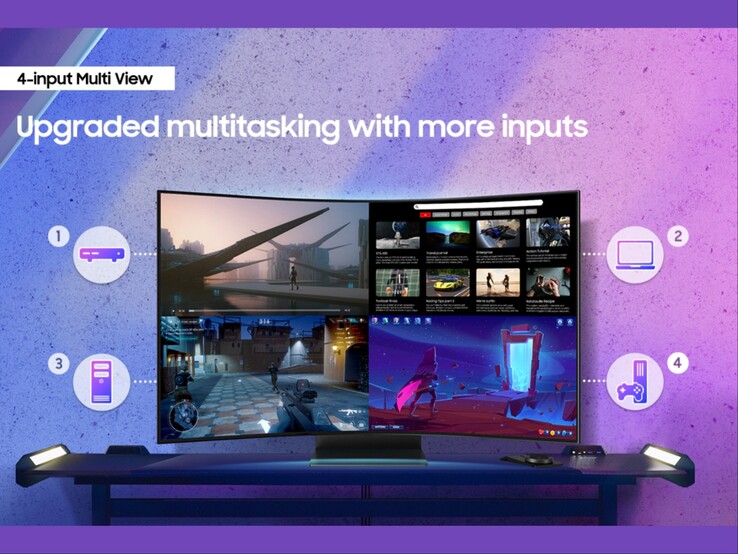 Artistic render showing four simultaneous inputs on the Odyssey Ark 2nd Gen. (Image source: Samsung)