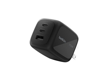 The Belkin BoostCharge Pro 3-Port GaN Wall Charger 70W has two USB-C ports and an extra USB-A port. (Image source: Belkin)