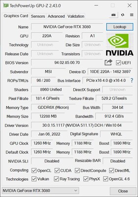 A GPU-Z screenshot from the RTX 3080 12 GB. (Image source: eTeknix)