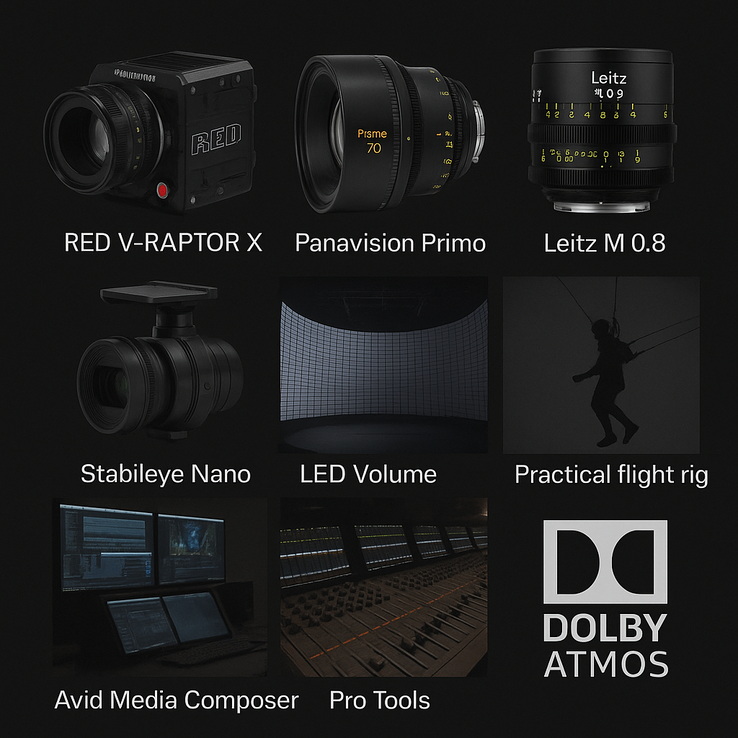 Superman 2025 gear collage: camera, lenses, rig, LED stage, audio (Image source: Composed by Notebookcheck; materials from Warner Bros and partners)