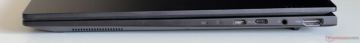 Right: USB-C 3.2 Gen 2 (10 Gbit/s, DisplayPort ALT mode, Power Delivery), USB-C 4.0 with Thunderbolt 4 (40 GBit/s, DisplayPort ALT mode, Power Delivery), 3.5-mm audio, HDMI 2.1