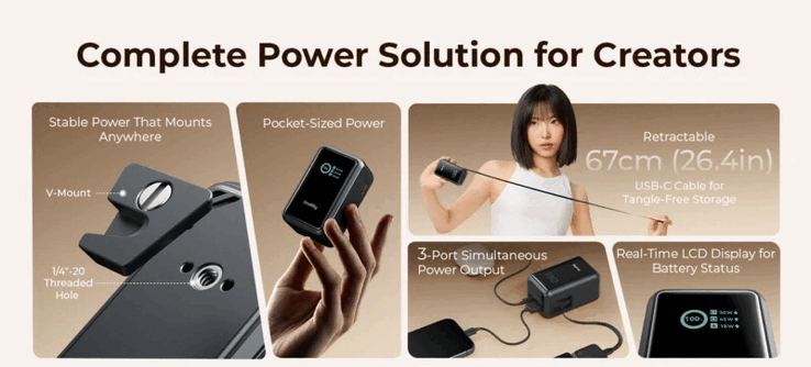 The Nano 72 holds 20,000mAh and handles 100W in both directions, aimed at longer shoots and heavier gear.
