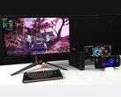 Borderlands 4 running on a monitor connected to a Minisforum MSA2 mini PC paired with an AMD Radeon RX 9070 XT in an Oculink eGPU dock, alongside an Asus ROG Ally X handheld (Image source: ETA Prime via YouTube)