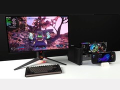 Borderlands 4 running on a monitor connected to a Minisforum MSA2 mini PC paired with an AMD Radeon RX 9070 XT in an Oculink eGPU dock, alongside an Asus ROG Ally X handheld (Image source: ETA Prime via YouTube)