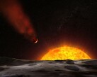 An artist's illustration showing an exoplanet heading toward its star.