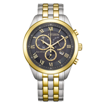Citizen AT2604-56H Eco-Drive chronograph featuring a charcoal grey textured dial, gold-tone bezel and hands, and a two-tone stainless steel bracelet.
