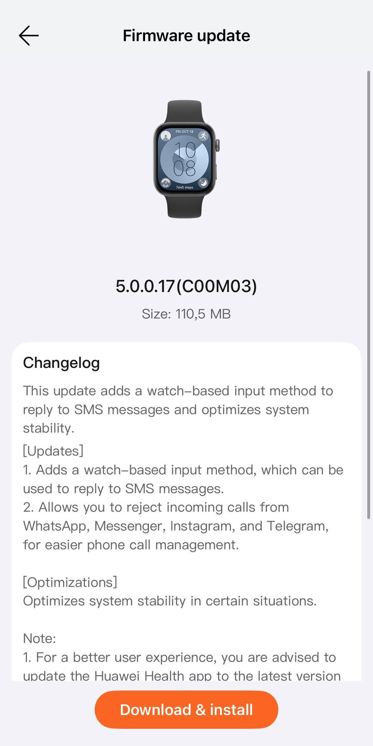 The change log for firmware version 5.0.0.17 for the Huawei Watch Fit 3. (Image source: u/Eyas-Alhamwi via Reddit)
