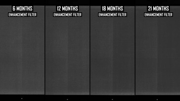Long-term OLED gaming monitor burn in test results (digitally altered for clarity). (Image source: Monitors Unboxed on YouTube)