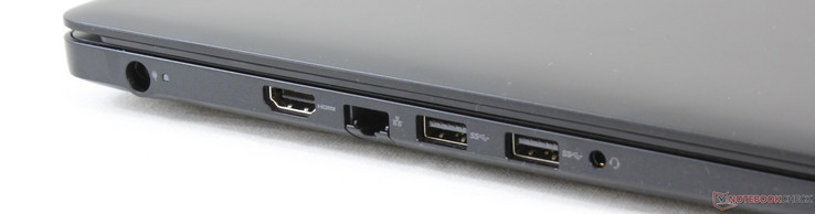 Left: AC adapter, HDMI 2.0, RJ-45, 2x USB 3.0, 3.5 mm combo audio
