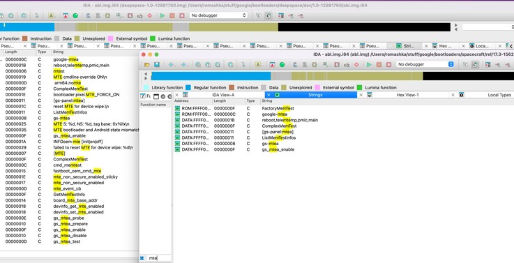 The bootloader of the Pixel 10 compared to the Pixel 11, of which every mention of MTE is removed