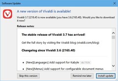 Vivaldi 3.7 browser update notification mid-March 2021 (Source: Own)