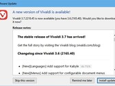Vivaldi 3.7 browser update notification mid-March 2021 (Source: Own)