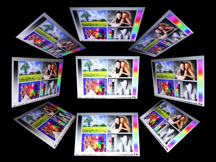 Stable IPS viewing angles. Display only loses brightness and contrast at extreme viewing angles