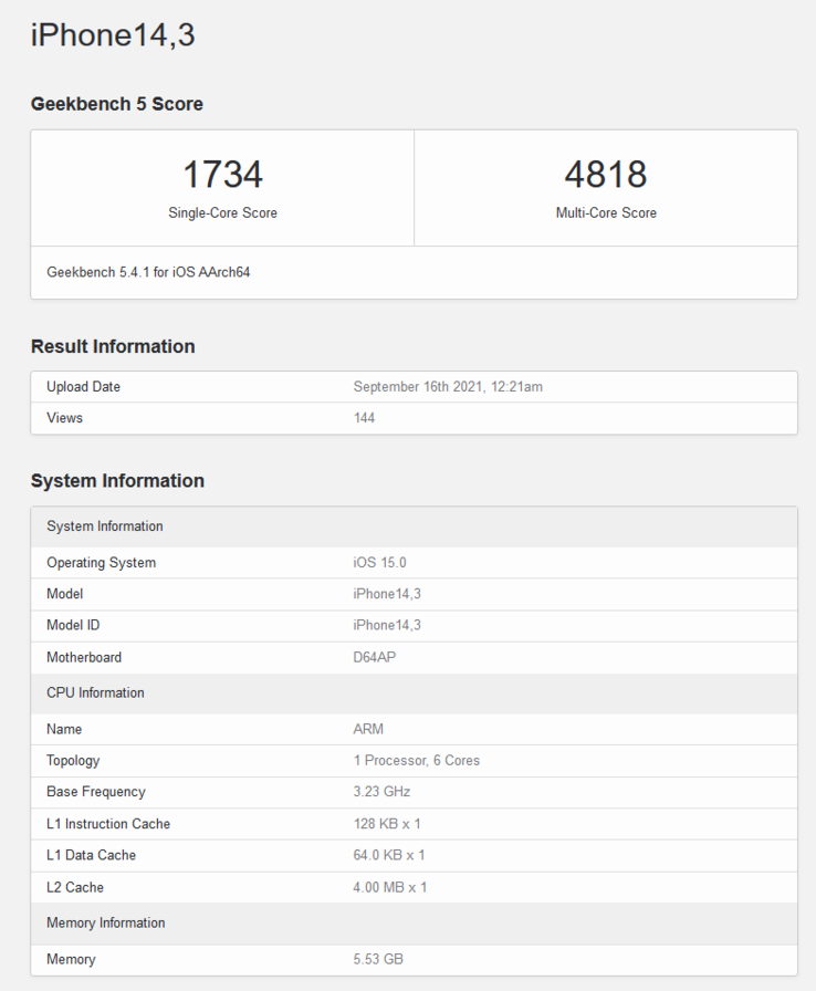 A15 Bionic on Geekbench (image via Geekbench)