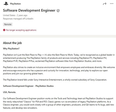 PlayStation job ad referencing emulation work under the PlayStation Classics initiative (Image source: LinkedIn job posting by PlayStation)