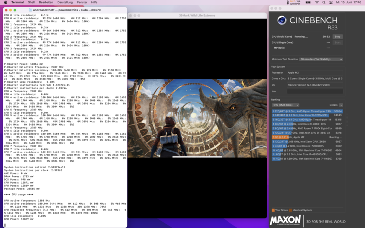 The package power quickly drops to 28-30W during the stress test, but the chip temperature stays very high (98 °C) despite the maximum fan speed.