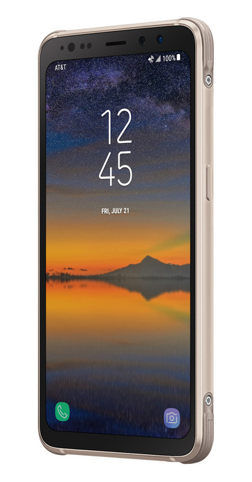 Galaxy S8 Active in gold. The curved edges have been replaced with a metal frame and bumpers on the corners. (Source: Samsung)