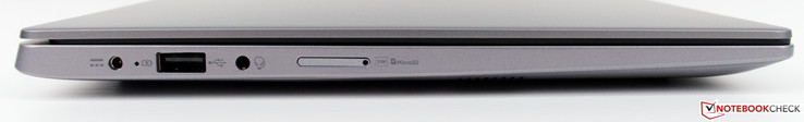 Left-hand side: power connector, USB 2.0 Type-A, headphone jack, microSD & SIM-card slot