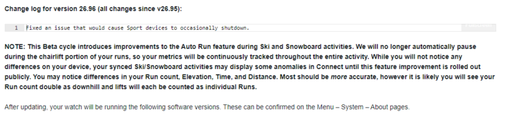The change log for beta version 26.96 software. (Image source: Garmin)