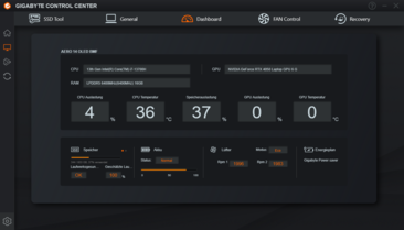 Dashboard tab - system status information
