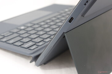 Integrated kickstand is firm, but grip is low and so the unit tends to slide around the table when in laptop mode
