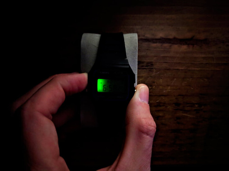 The Casio F-91W's backlight barely illuminates the hour digit.