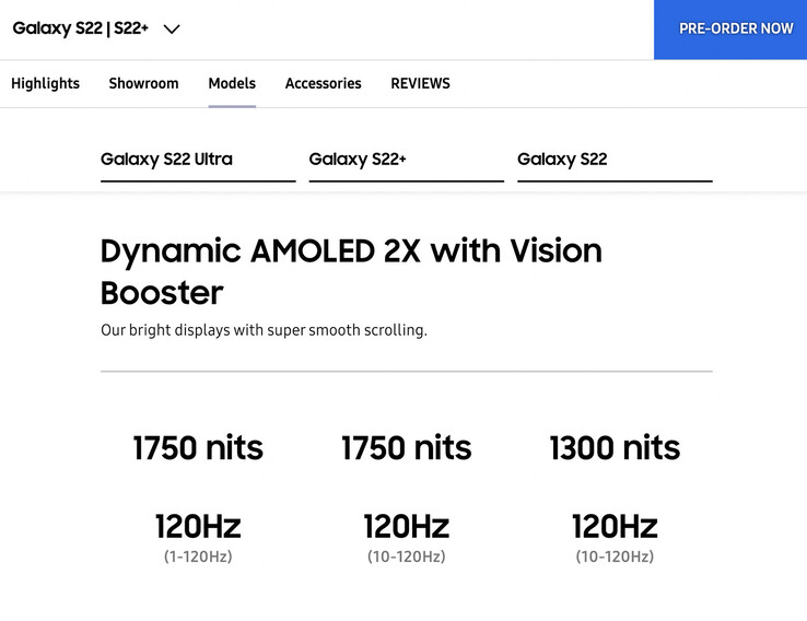 Samsung has now deleted references to the Galaxy S22 and Galaxy S22+ supporting 10-120 Hz refresh rates. (Image source: Samsung)