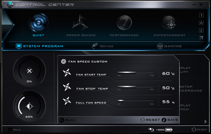 Manual 55 percent fan speed setting. This was necessary in order to keep fan noise within Max-Q specification. The lowest fan speed setting allowable by the software is 50 percent.