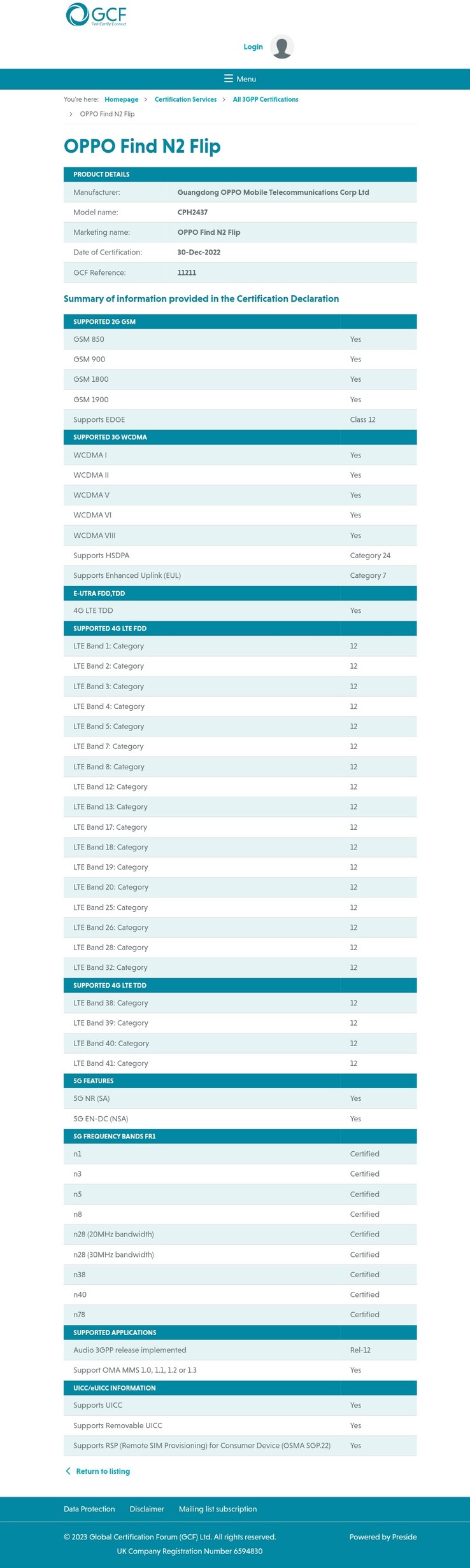 The "global" OPPO Find N2 Flip officially registers as a 5G device. (Source: GCF)