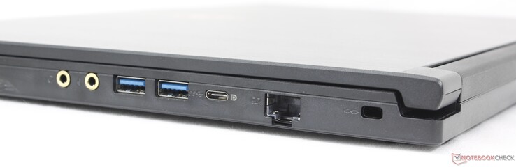 Right: 3.5 mm headset, 3.5 mm microphone, 2x USB-A 3.2 Gen. 1, USB-C 3.2 Gen. 1 w/ DisplayPort, RJ-45 (1 Gbps), Kensington Lock