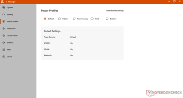 Power profile screen includes Default, Indoor, Power Saving, Field, and Extreme